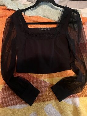 NaNa Black Sheer Puff-Sleeve Square Neck Crop Top